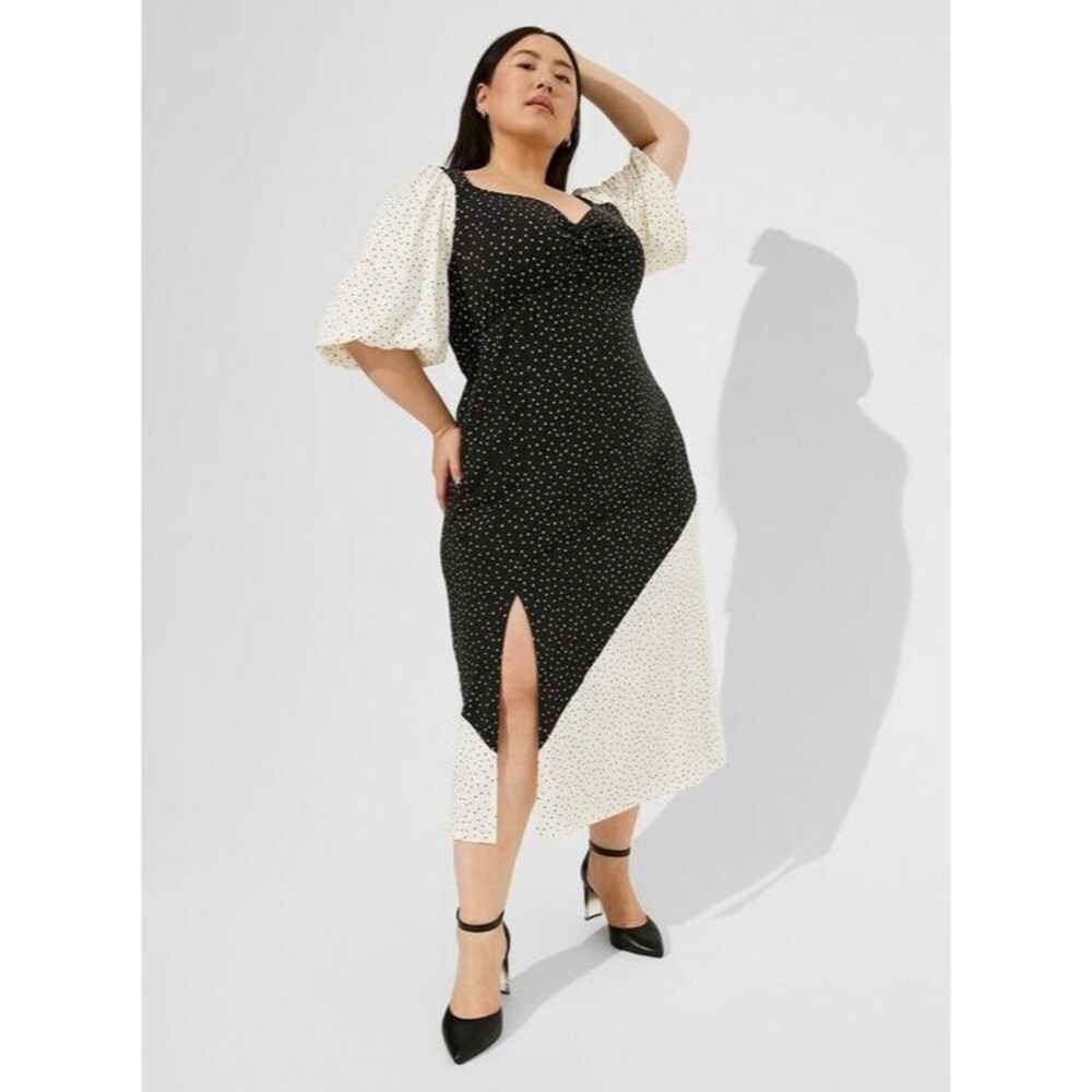Black & White Polka Dot Midi Dress with Puff Sleeves